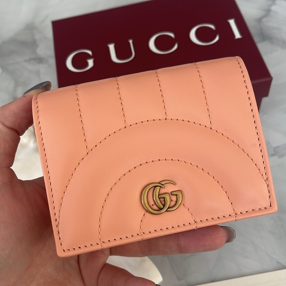 $985 New, Authentic GUCCI Marmont Peach Wallet in Box sale matelasse leather